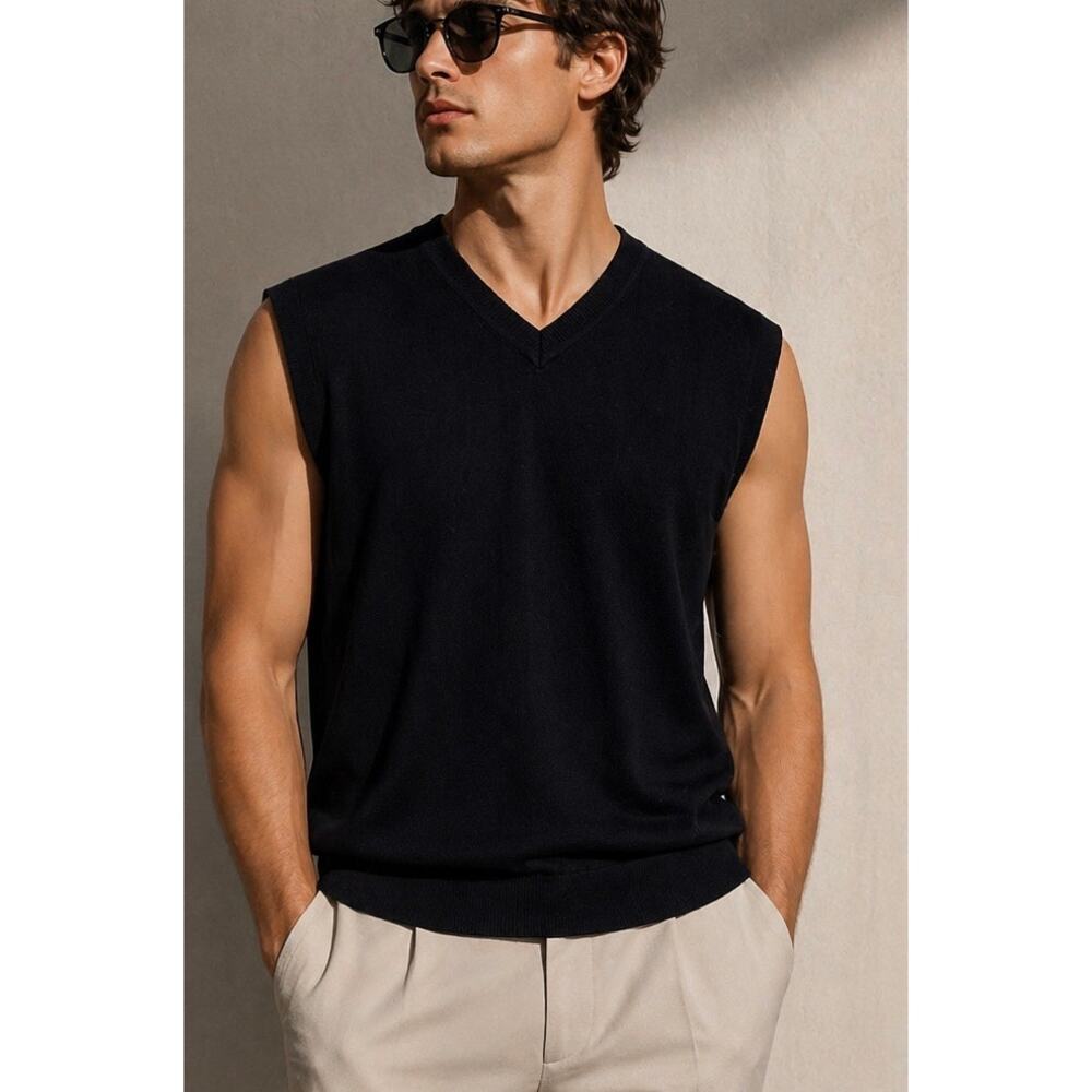 New With Tags Merino Wool Black V-Neck Sweater Vest Layering Ribbed Trim- Medium - Picture 1 of 9